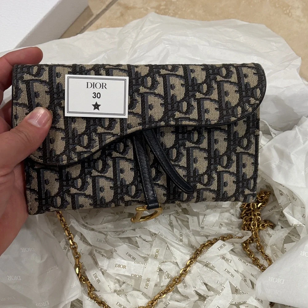 Dior Beige & Black Monogram Saddle Chain Bag with Gold Hardware - Picture 4 of 6